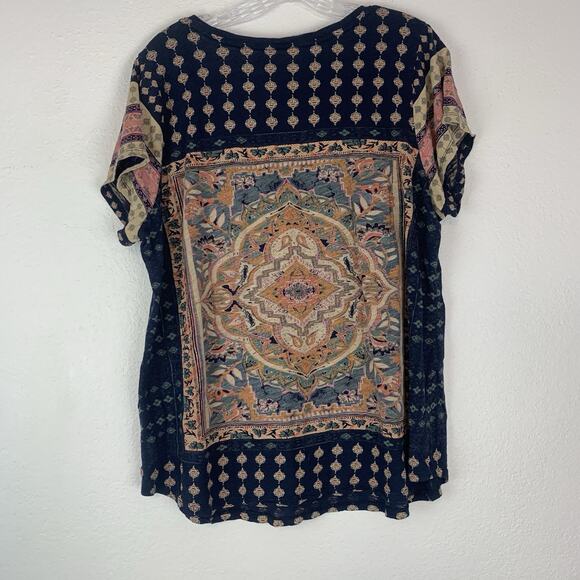 Lucky Brand Shirt 2X Persian Ethnic Print Boho Blue Short Sleeves Plus Size - Picture 2 of 8